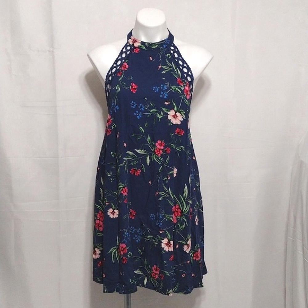 Tassels N Lace Halter Open Back Floral Print Swing Tunic Dress Small Boho Summer